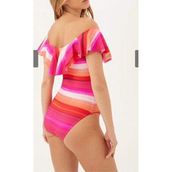 NEW Trina Turk Womens Pink Striped Ruffles Off Shoulder Swimsuit $184 Size 10 - Picture 2 of 15